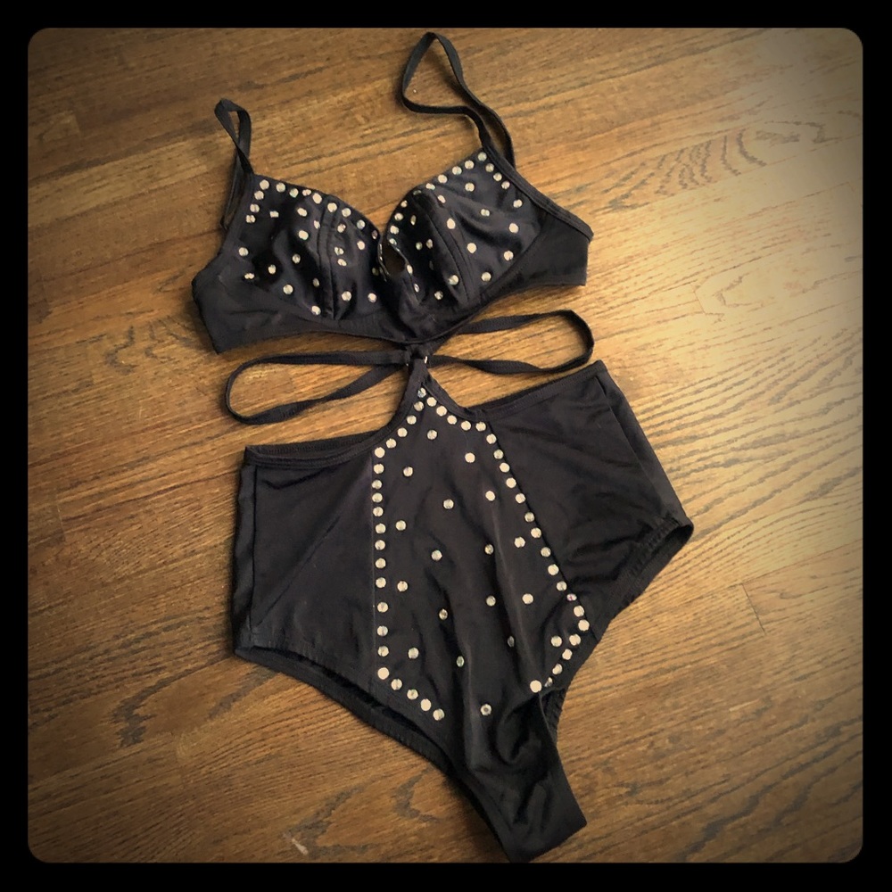 Rhinestone Black Strappy Monokini One Piece Suit